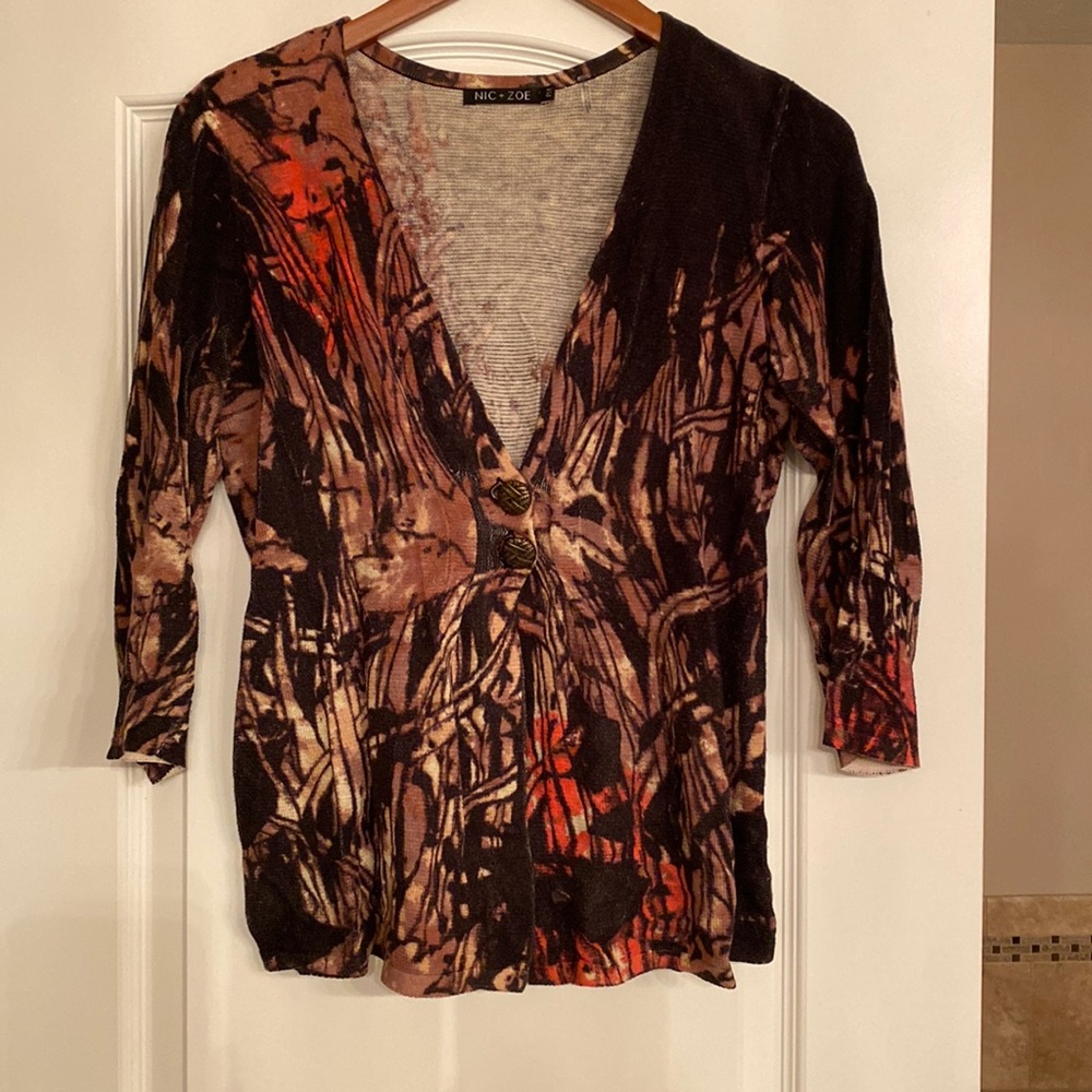 Nic + Zoe, black and brown print lightweight cardigan, Medium Petite